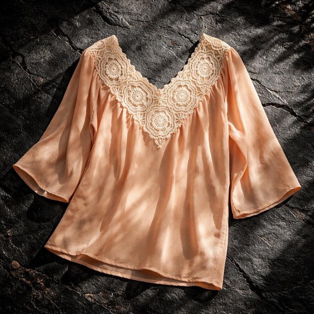 "Peach Boho Blouse Crochet Lace V-Neck 3/4 Sleeve Polyester Size S Cottagecore"